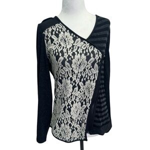 Dolcezza Black V-Neck Long Sleeve Lace Stripe Top Size M